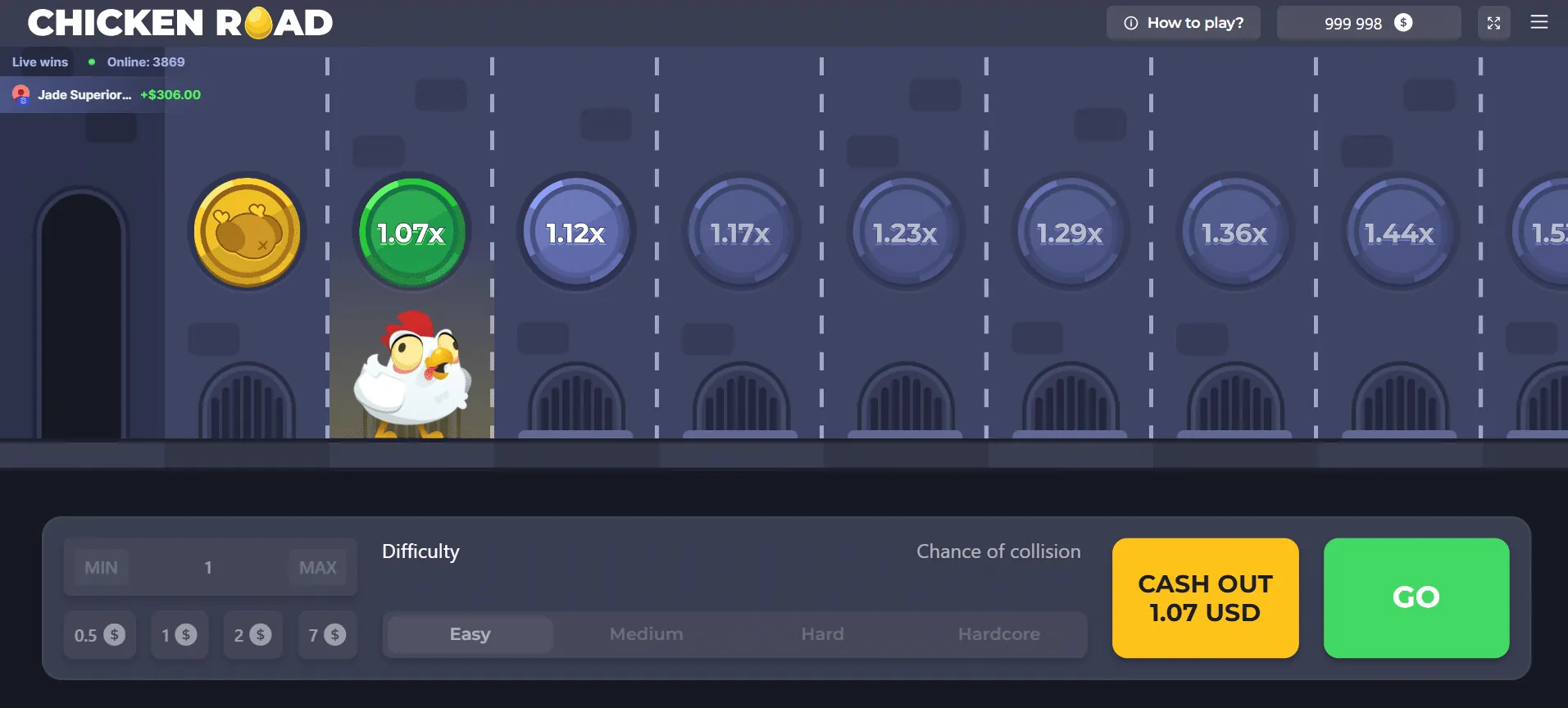 Chicken Road game UI on Easy mode showing the chicken at the start, multiplier ladder from 1.07× to 1.44×, and Cash Out / Go controls